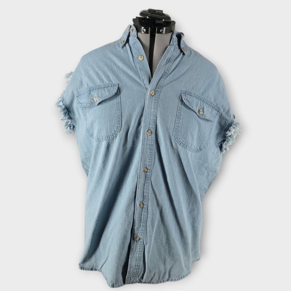 CH Apparel Button Down Shirt Men's Sz L Denim Frayed Arms Collared Front Pockets